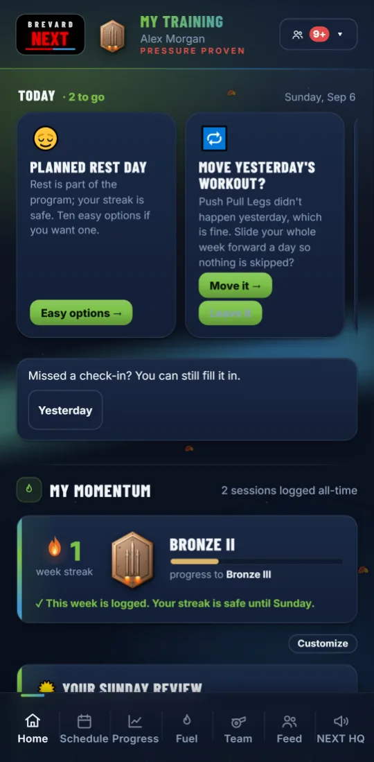 The app's Home tab on a phone: today's jobs, this week's training and the athlete's streak and rank