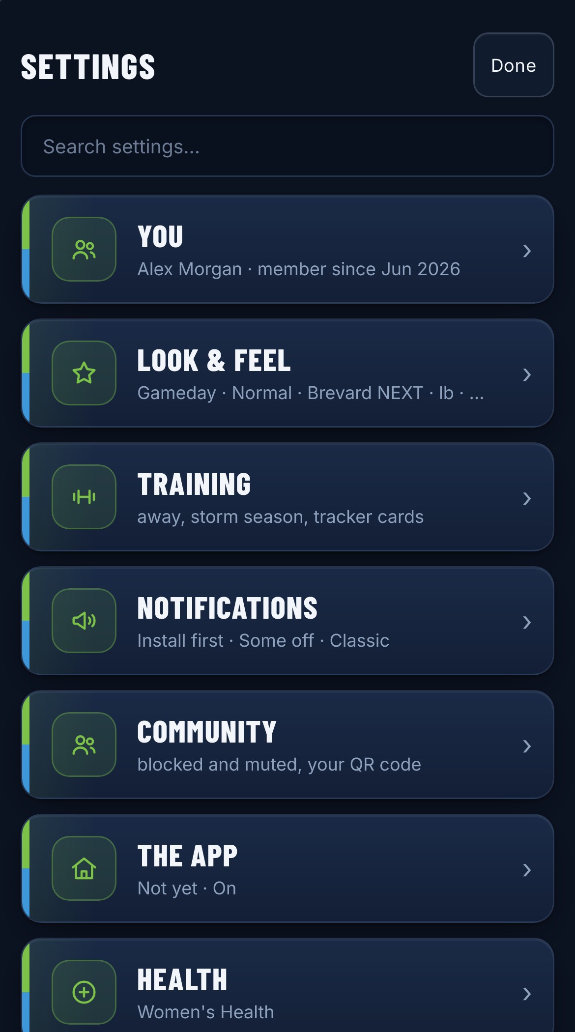 Ajustes en Brevard NEXT, siete grupos, incluido La app, donde vive Datos y privacidad
