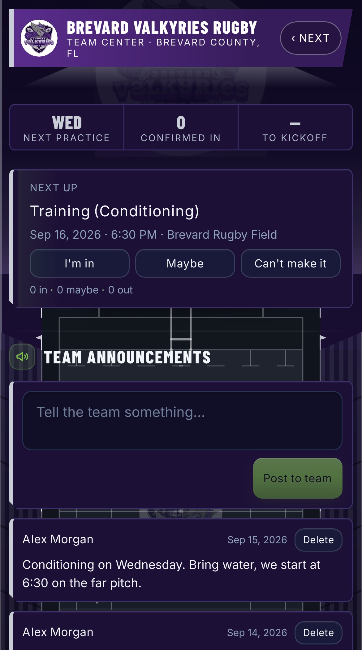 Una página de equipo en Brevard NEXT: el estilo de Brevard Valkyries Rugby, la próxima práctica, el calendario y los avisos